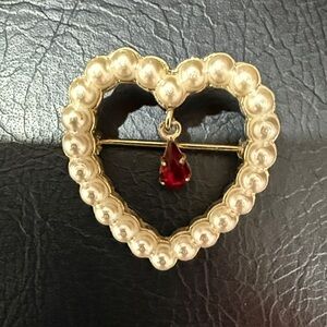 Gold Heart Pearl Brooch with Red Gemstone- valentines 💌